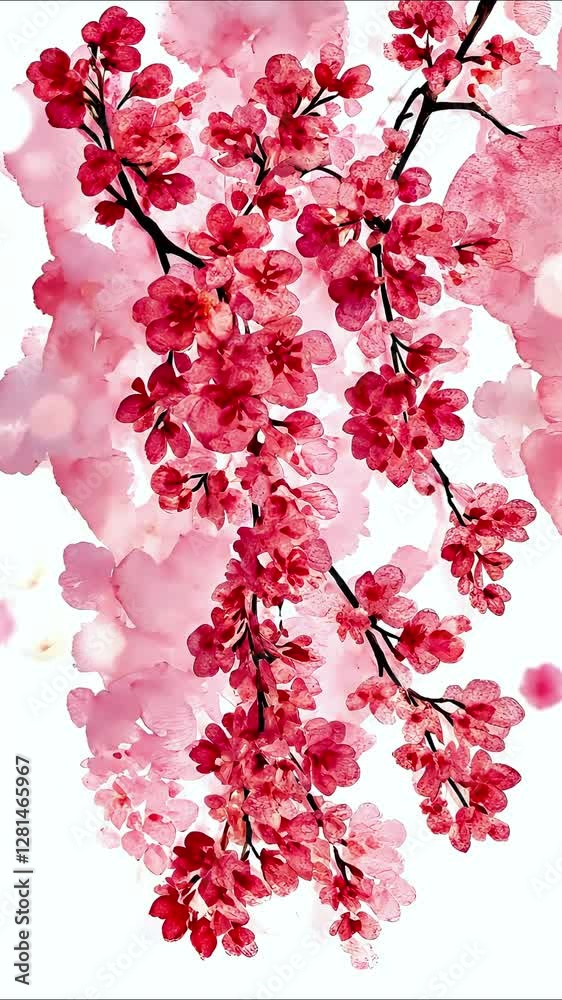 Branch of delicate blooming sakura, on a light background, animated spring card, creating a spring mood, drawn, decoration, watercolor style