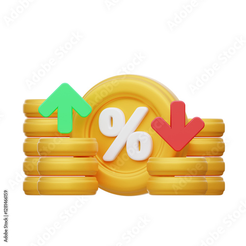 3D Gold coins displaying percentage signs, green up arrow, and red down arrow are suitable for financial concepts, investments, stock market analysis.