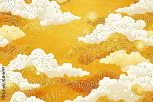 Golden Clouds Japanese Pattern: Elegant, Traditional Asian Design. Perfect for textile prints, wallpapers, invitations, website backgrounds, branding, packaging, and more. A luxurious and             