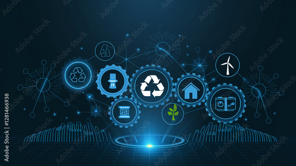 Digital glowing illustration of interconnected eco-icons in gears, representing recycling, renewable energy, and sustainability in a modern technology-driven world Digital glowing illustration of interconnected eco-icons in gears, representing recycling, renewable energy, and sustainability in a modern technology-driven world