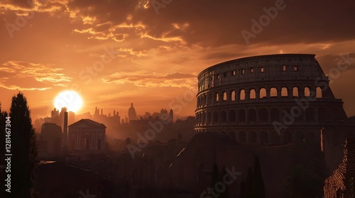 Majestic Colosseum at Sunset in Rome Italy   Iconic Ancient Roman Landmark with Dramatic Golden Sky and Clouds  Historic Archaeological Ruins of the Famous Amphitheater Against Scenic Cityscape
