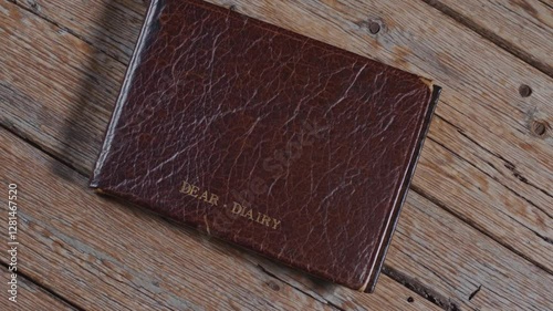 Slow Motion Close-Up of an Old Leather Diary on a Table – Top-Down View, Aged and Weathered Cover, Soft Warm Lighting, Slow Zoom Enhancing Vintage Texture, Mysterious Nostalgic Atmosphere, Timeless 