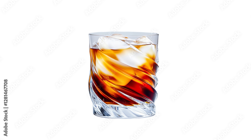 A visually striking glass with a swirling design holds a dark amber liquid and ice cubes, presenting a refreshing alcoholic beverage. The intricate design amplifies the drink's cool appeal. A visually striking glass with a swirling design holds a dark amber liquid and ice cubes, presenting a refreshing alcoholic beverage. The intricate design amplifies the drink's cool appeal.