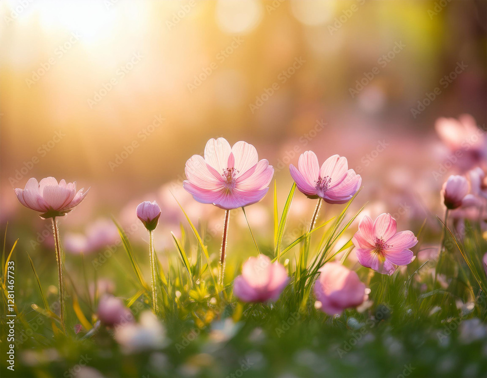 pink spring flowers on a meadow blurry sunlight background pink spring flowers on a meadow blurry sunlight background