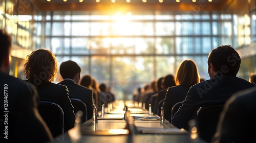 Conference attendees seated in rows facing a large window with sunset light.