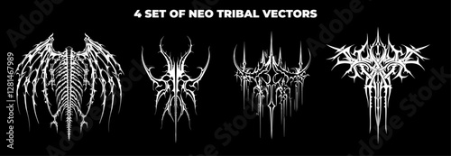 4x Set Y2K neo-tribal tattoos with wire and chains. Decorative shaped frames with retro baroque ornaments. Cyberpunk vector design elements, gothic aesthetics