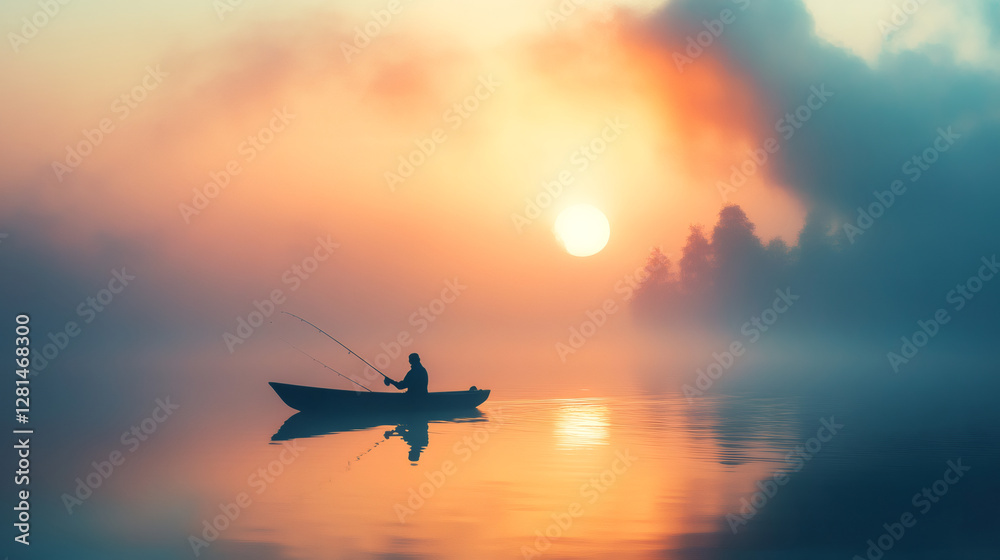Obraz premium Lone fisherman silhouetted against sunrise mist, casting line from small boat on serene lake surface