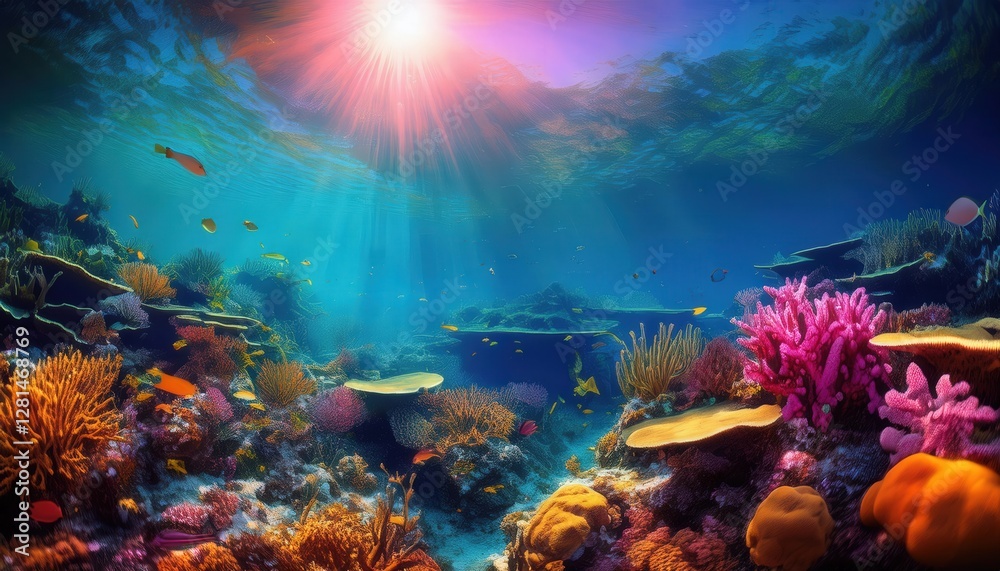 Fototapeta premium Colorful underwater coral reef scene, full of vibrant fish and marine life—perfect for nature documentaries, ocean conservation themes, and tropical travel promotions. 