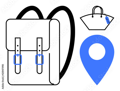 Backpack with adjustable straps, a purse with a tag, and a blue location marker. Ideal for travel planning, adventure, navigation, fashion, luggage organization, personal belongings digital maps