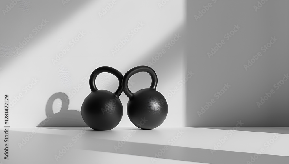 Naklejka premium Minimalistyczna kompozycja czarnych kettlebelli w świetle i cieniu.