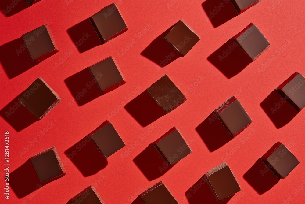 Minimalist arrangement of geometric chocolate pieces with artistic shadows on a red background. Minimalist arrangement of geometric chocolate pieces with artistic shadows on a red background.