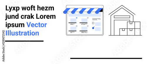 Text indicating sample text and vector illustration title. Website interface under a store awning. Warehouse building with stacked boxes. Ideal for e-commerce, logistics, inventory, retail, online