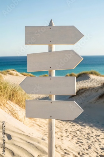 White wooden blank direction signs point different way on the beach, Signpost on the beach, Arrow sign point direction