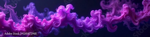 Abstract purple mist rises from black canvas, intricate patterns emerge, black background, abstract art