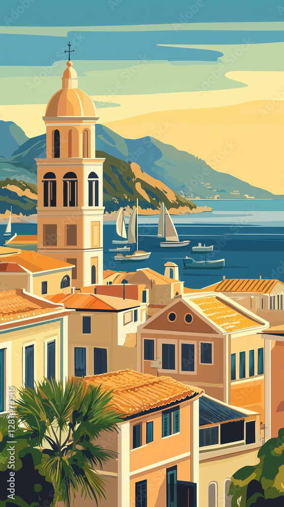 Obraz premium Illustration, Cityscape of Corfu a famous Greek island in Greece, touristic advertisement poster. Beautiful touristic must-see place, part of the Ionian Islands, the ionian sea.
