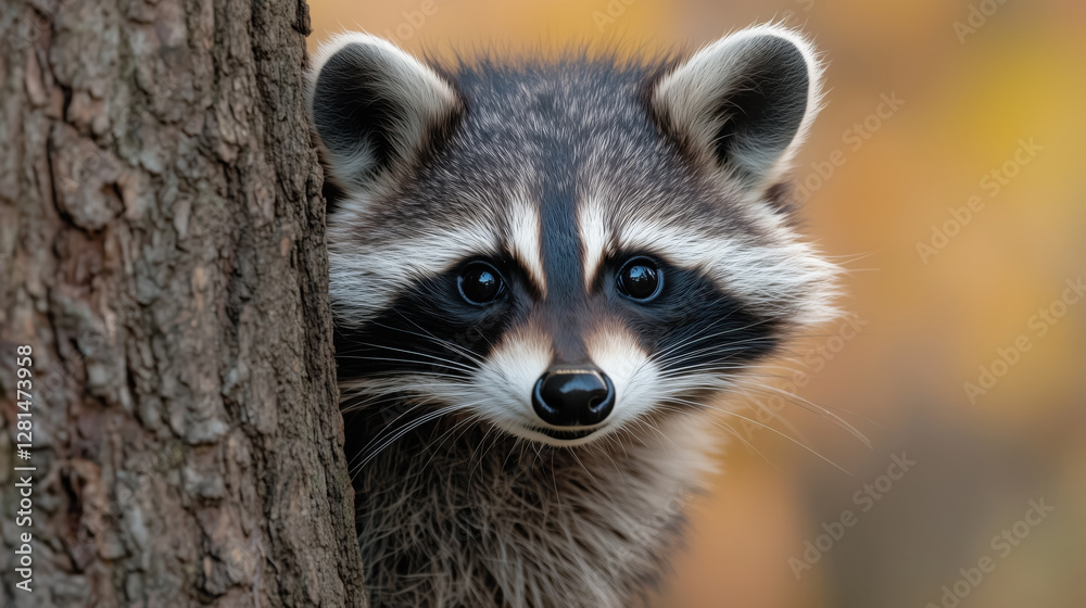 Raccoon face behind tree trunk in autumn forest. Wildlife portrait concept Raccoon face behind tree trunk in autumn forest. Wildlife portrait concept