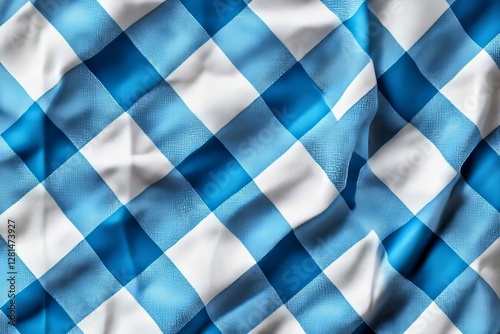 A blue and white checkered fabric with a pattern on it