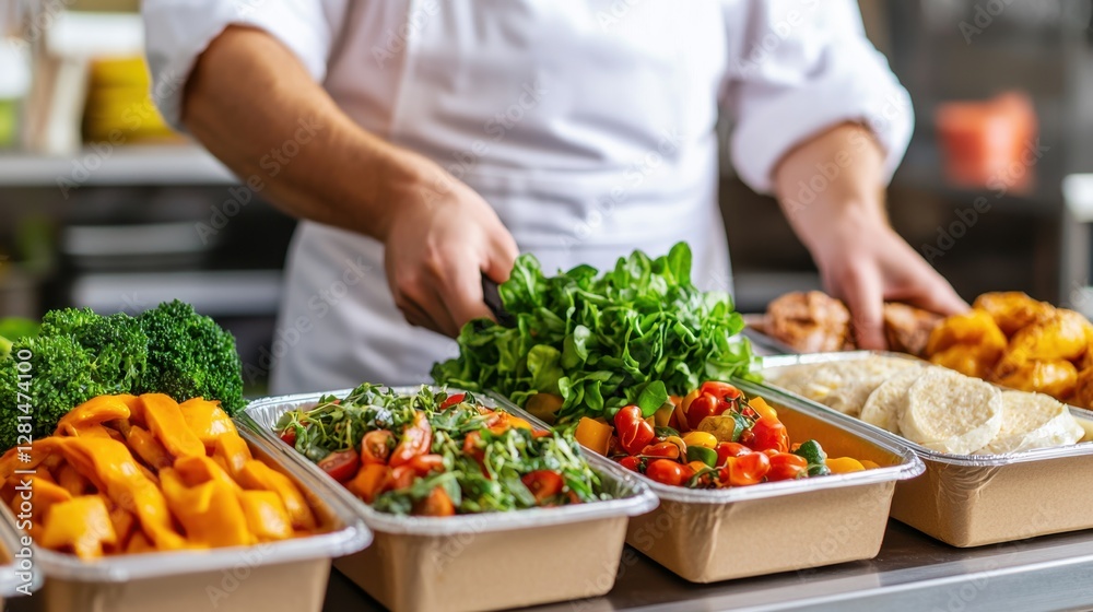 Cafeteria with eco-friendly food packaging Concept, Workers Preparing Fresh Meals in Cafeteria with Reusable Containers and Ingredients Cafeteria with eco-friendly food packaging Concept, Workers Preparing Fresh Meals in Cafeteria with Reusable Containers and Ingredients