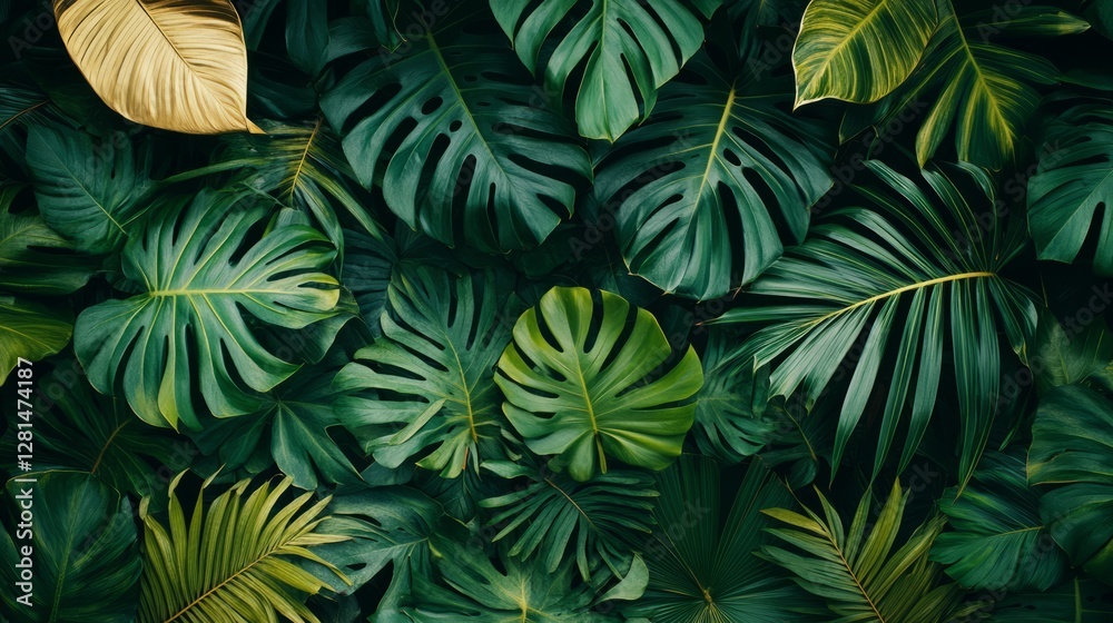 Naklejka premium Elegant tropical leaf wallpaper with rich palm leaves and ferns, luxurious nature pattern design with detailed foliage and subtle gold highlights