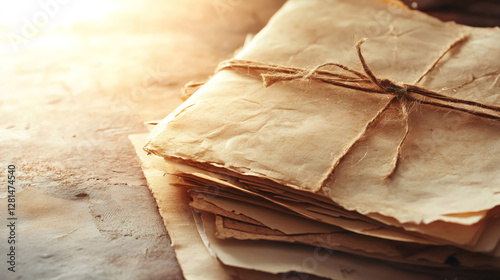 Vintage correspondence bundled with twine, basking in golden sunlight atop aged wooden backdrop