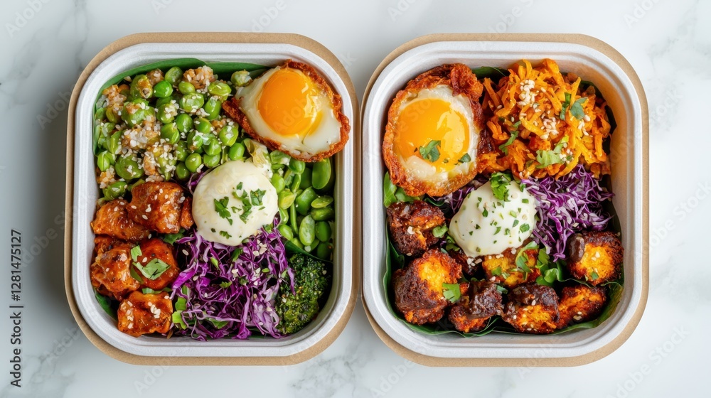 Cafeteria with eco-friendly food packaging Concept, Eco-Friendly Meal Prep Boxes with Fresh Ingredients and Colorful Presentation from Top Down View Cafeteria with eco-friendly food packaging Concept, Eco-Friendly Meal Prep Boxes with Fresh Ingredients and Colorful Presentation from Top Down View