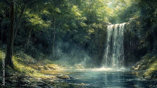 Waterfall in lush forest, sunlit pool, tranquil scene, nature background, ideal for relaxation