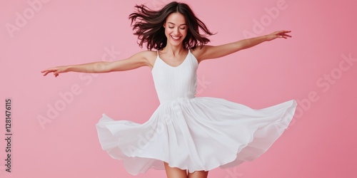 A woman in a white dress dances joyfully against a pink background