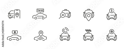 Taxi cab, car service line icon set. Rideshare, travel driver, passenger, taxi app, fare, Hail a Cab, location, rent a car, vector icon collection. UI outline icon pack