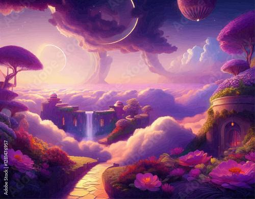 Fantasy landscape showing waterfall cascading into clouds from magical buildings above