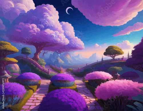 Magical path leading through a dreamlike garden with crescent moon