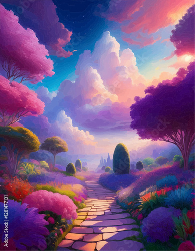 Vibrant garden path leading to dreamlike castle under pastel sky