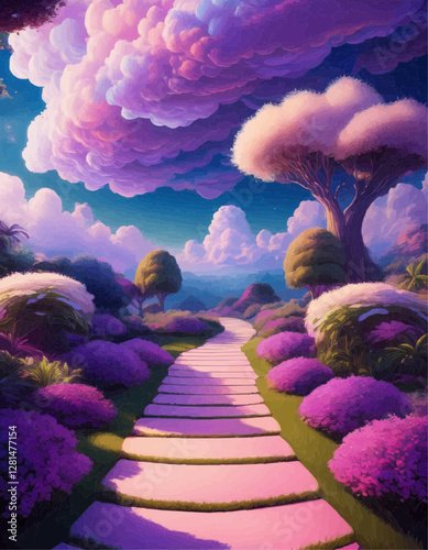 Pink path leading through fantasy garden with purple flowers and dreamlike clouds