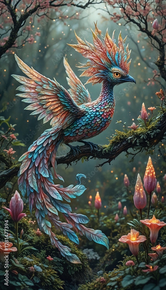 Obraz premium Fantasy Bird with Flowers in a Magical Forest