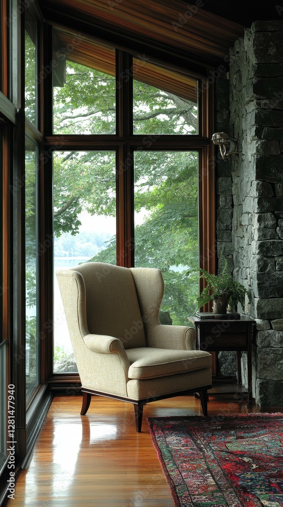 Fototapeta premium Cozy Corner with Large Windows and Wingback Chair