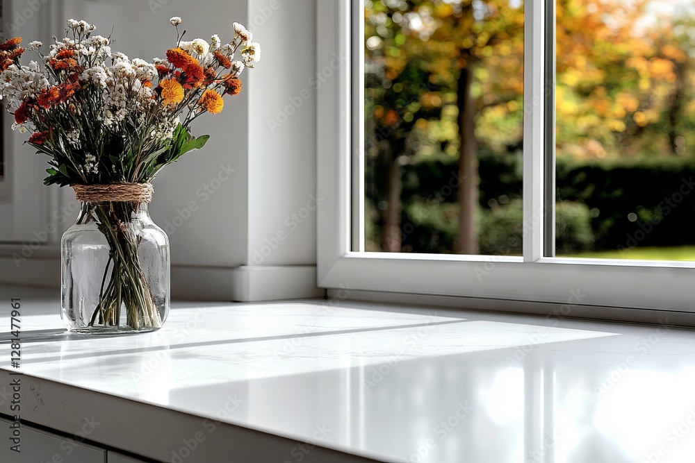A vase of flowers sitting on a window sill in front of a window