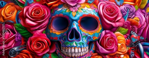 Vibrant Chicano Skull Design with Colorful Roses