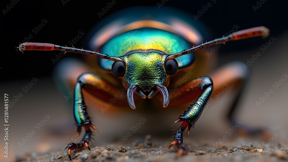 Naklejka premium A detailed macro image of an iridescent beetle with vibrant green and blue colors, showcasing its intricate features and metallic exoskeleton. 