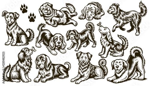 Detailed dog illustrations, different breeds, relaxed and playful poses, unique dog features, cute and artistic design, animal drawings