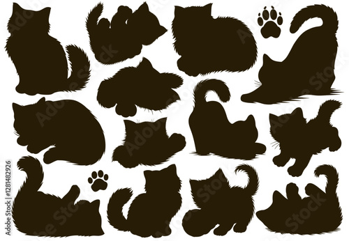 Fluffy cat silhouettes, playful poses, curving tails, independent cats, minimalist background, graceful feline illustrations
