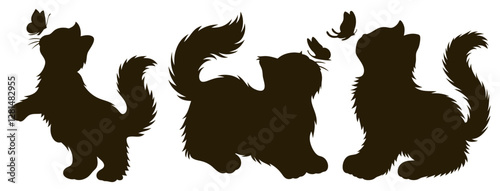 Fluffy cat silhouettes, playful poses, curving tails, independent cats, minimalist background, graceful feline illustrations