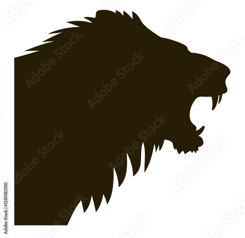 Muscular lion roaring, dramatic silhouette against white background, showing raw power and majesty of a wild African predator