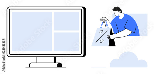 Man holding shopping bags featuring a discount symbol beside a large monitor screen. Ideal for e-commerce, discounts, online shopping, digital marketing, retail promotions, virtual storefronts