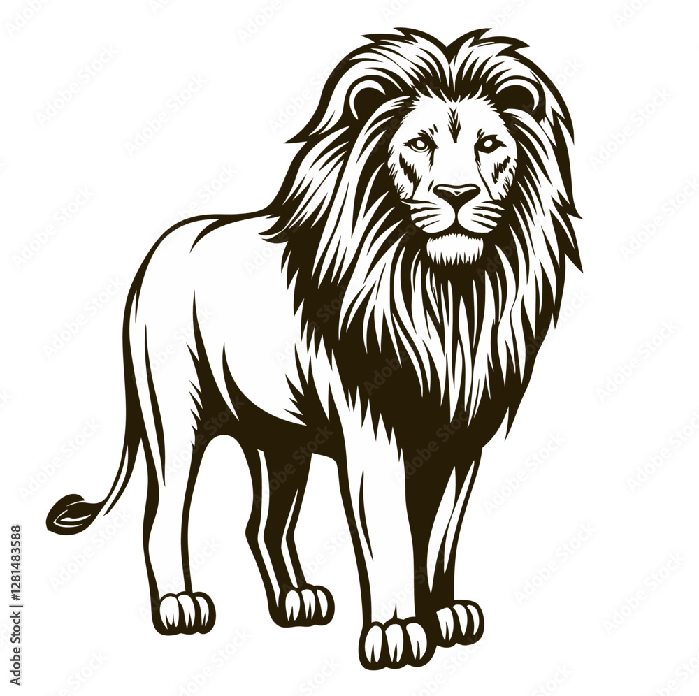 Fototapeta premium Muscular lion walking on savanna grasslands, strong big cat with regal mane, powerful wild animal, African wildlife, symbol of strength and leadership