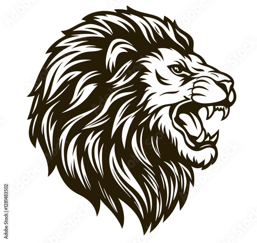 Black and white illustration of a majestic lion head with a thick mane, powerful wild animal, African wildlife, strong and noble big cat