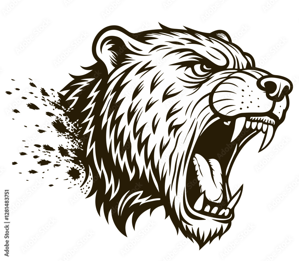 Obraz premium Bear head with bared teeth, breaking through ink splatter, wild strength, black and white graphic design, powerful animal illustration