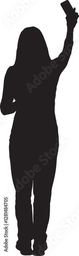 vector; silhouette; back view of  standing woman looking at her mobile phone