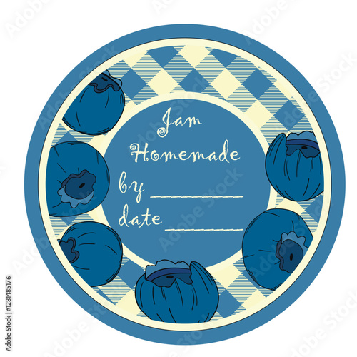 Template jam label design. Retro homemade label. Blueberry marmalade dessert product. Doodle vector illustration.