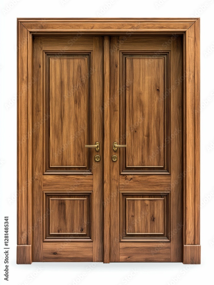 Wooden Double Door. Isolated New White Door with Closeup of Wood Grain
