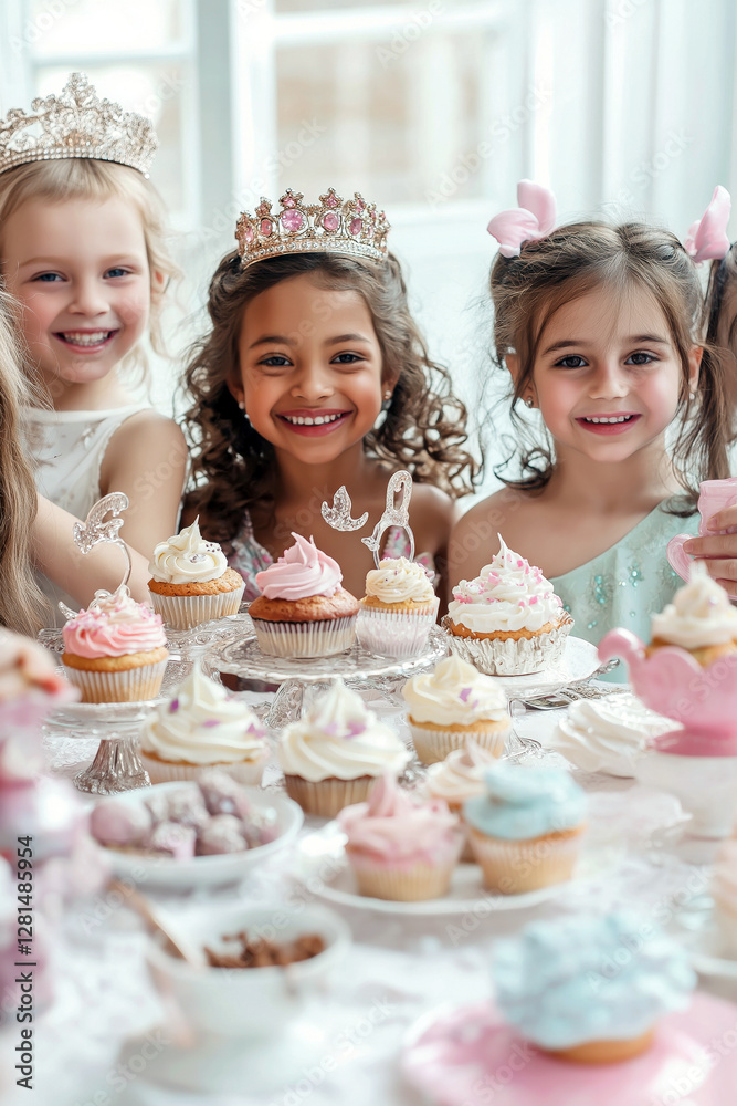 Group of children having fun at a princess-themed tea party, with delicate tea sets, cupcakes, and tiaras on the table. Group of children having fun at a princess-themed tea party, with delicate tea sets, cupcakes, and tiaras on the table.