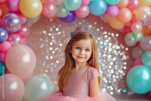 Little girl dressed as a fairy-tale princess posing for photos with a glittering backdrop and balloon arch. photo